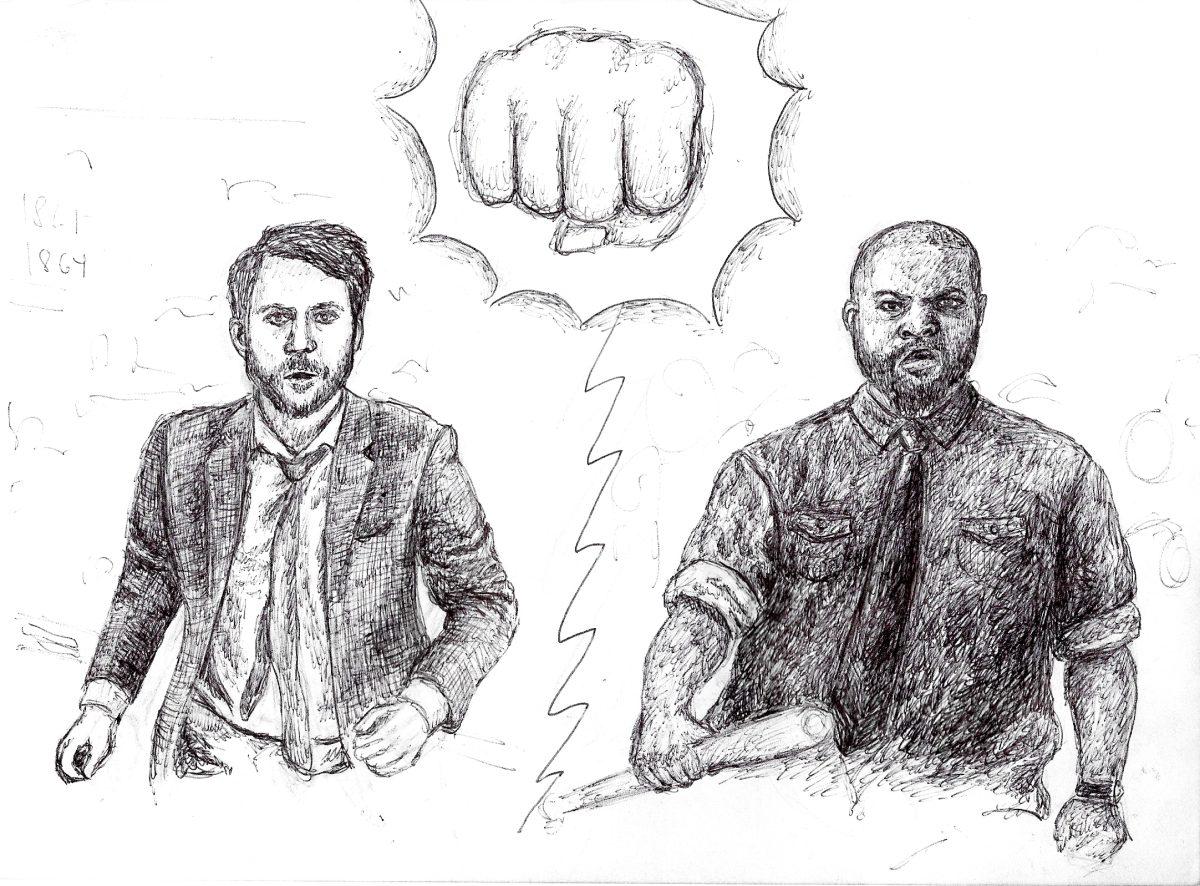 Charlie Day and Ice Cube play feuding teachers in the new comedy Fist Fight (Illustration by Allison Sene, 19).
