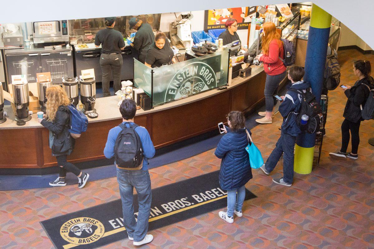 St. Joe’s students waiting for coffee at Einstein Bros. in Merion Hall (Photo by Luke Malanga ’20).