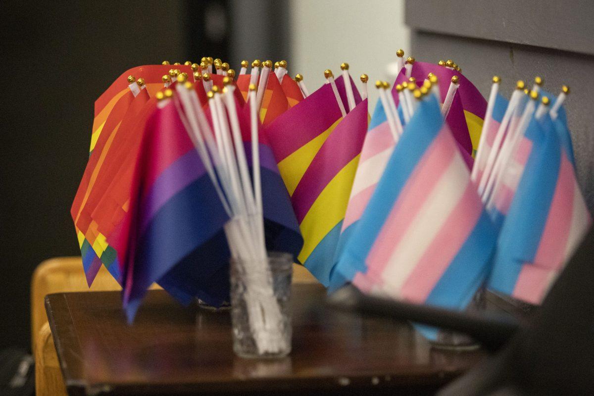 Pride and Trans flags are displayed at the Queeries panel, held by SJUPride in the fall of 2019 PHOTO: MITCHELL SHIELDS 22/THE HAWK