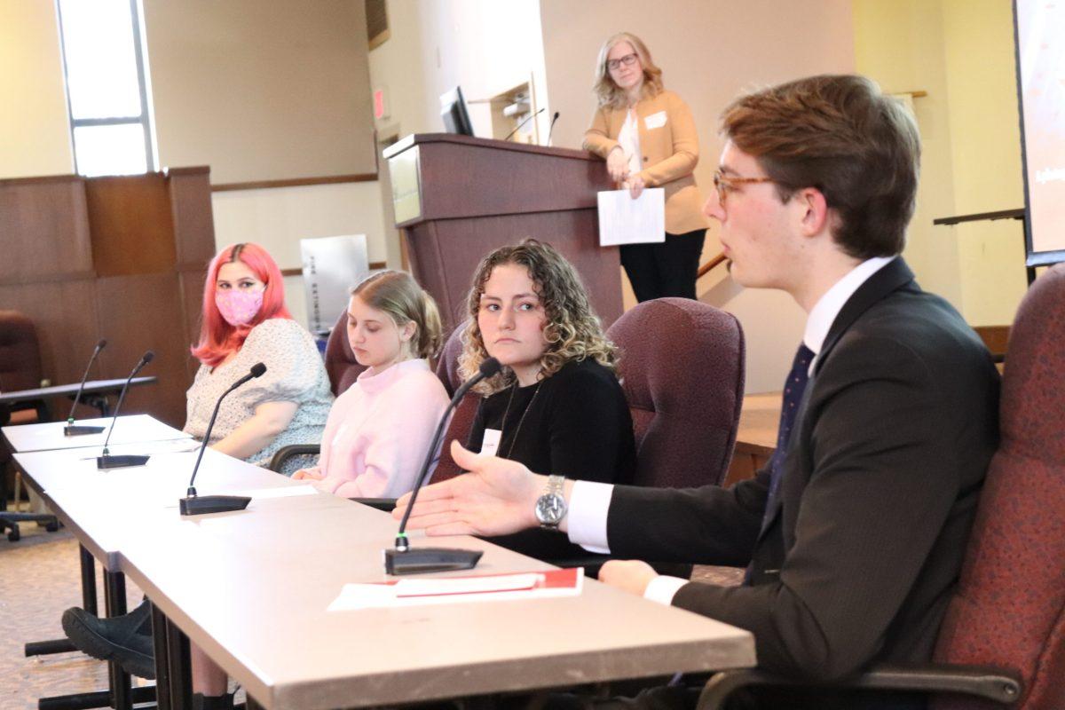 Alyssa Vogel ’23 (left), Lauren Yingling ’25 (middle left), Lillie Bennet ’23 (middle right) and Carter Horton ’22 (right) answered questions during a Q&A portion of the Art History Symposium.  
PHOTO: ALLISON KITE ’22/THE HAWK
