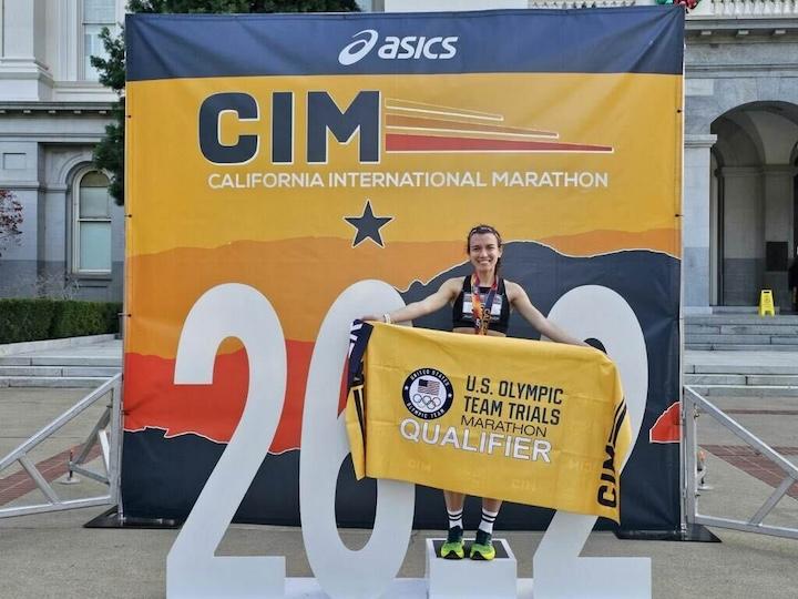 Elaine Estes at the California International Marathon after qualifying for the Feb. 2 Olympic trial marathon.
PHOTO COURTESY OF TARA MATHER
