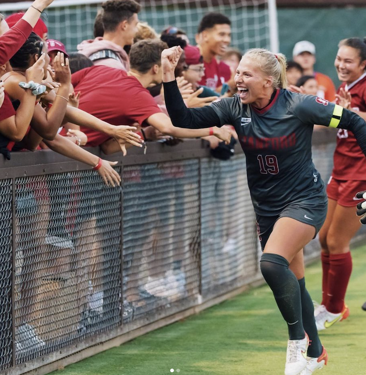 Katie Meyer celebrates a win with Stanford soccer fans. PHOTO COURTESY OF KATIE’S SAVE