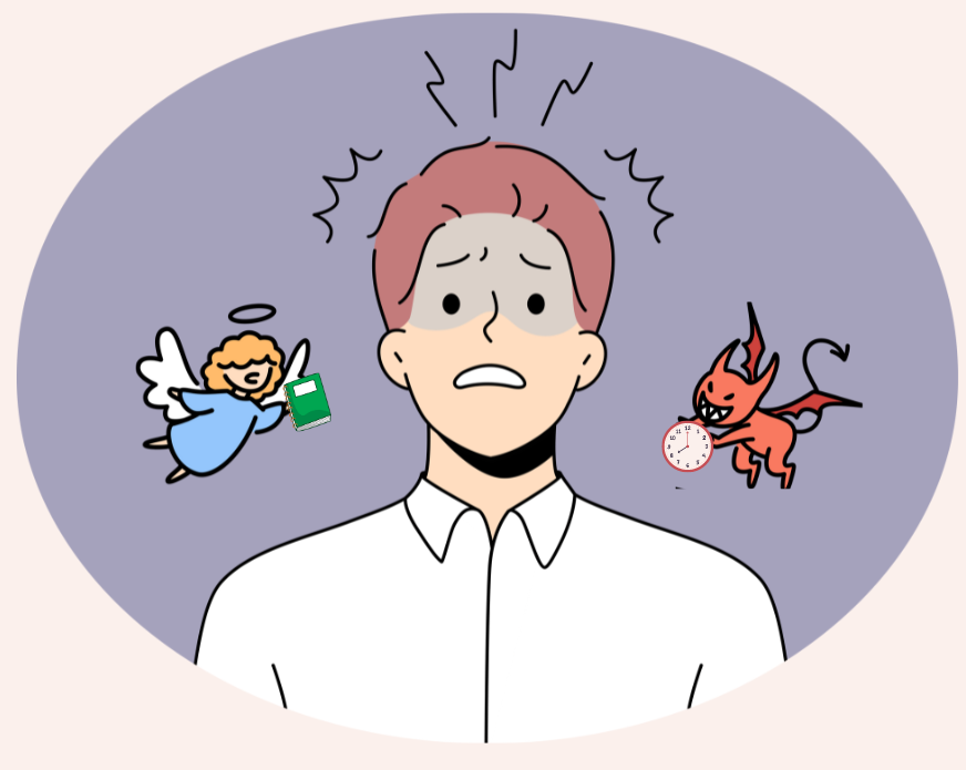 graphic illustration of a young man in a white shirt looking stressed with a cartoon angel and devil on shoulders