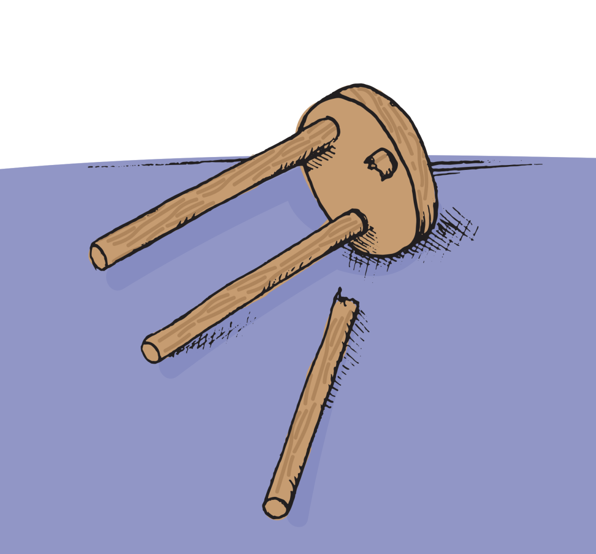 graphic of a brown stool knocked over with one leg broken off, on a blue ground