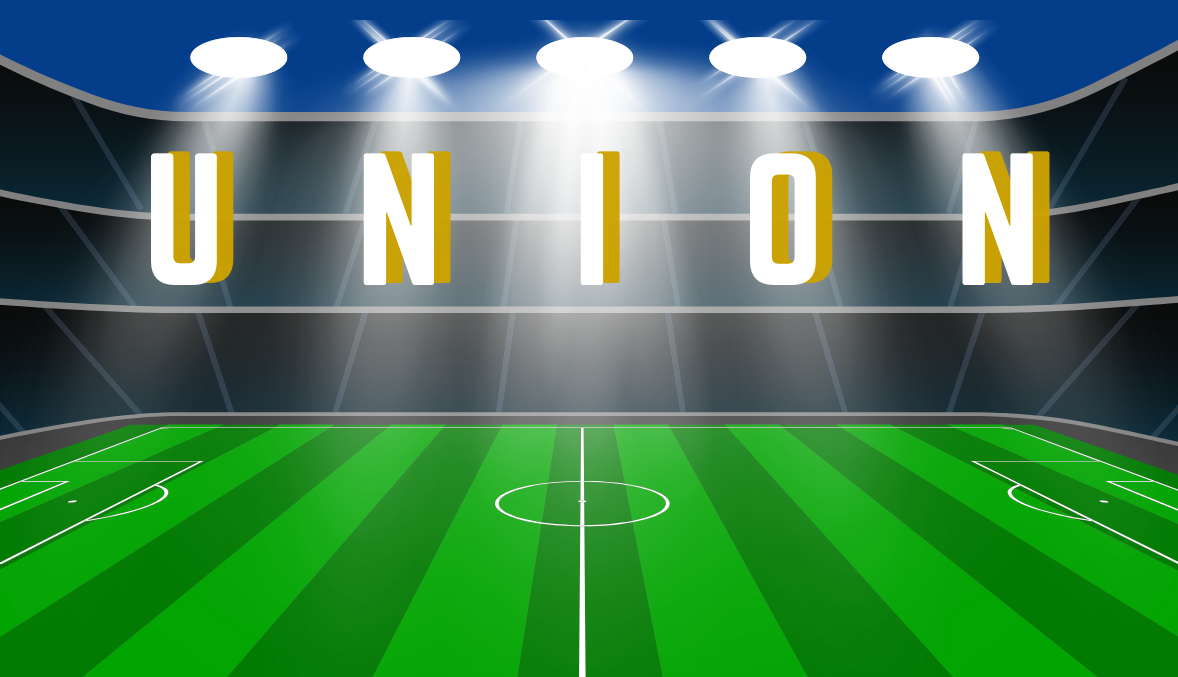Graphic of a soccer field in a stadium with text reading UNION