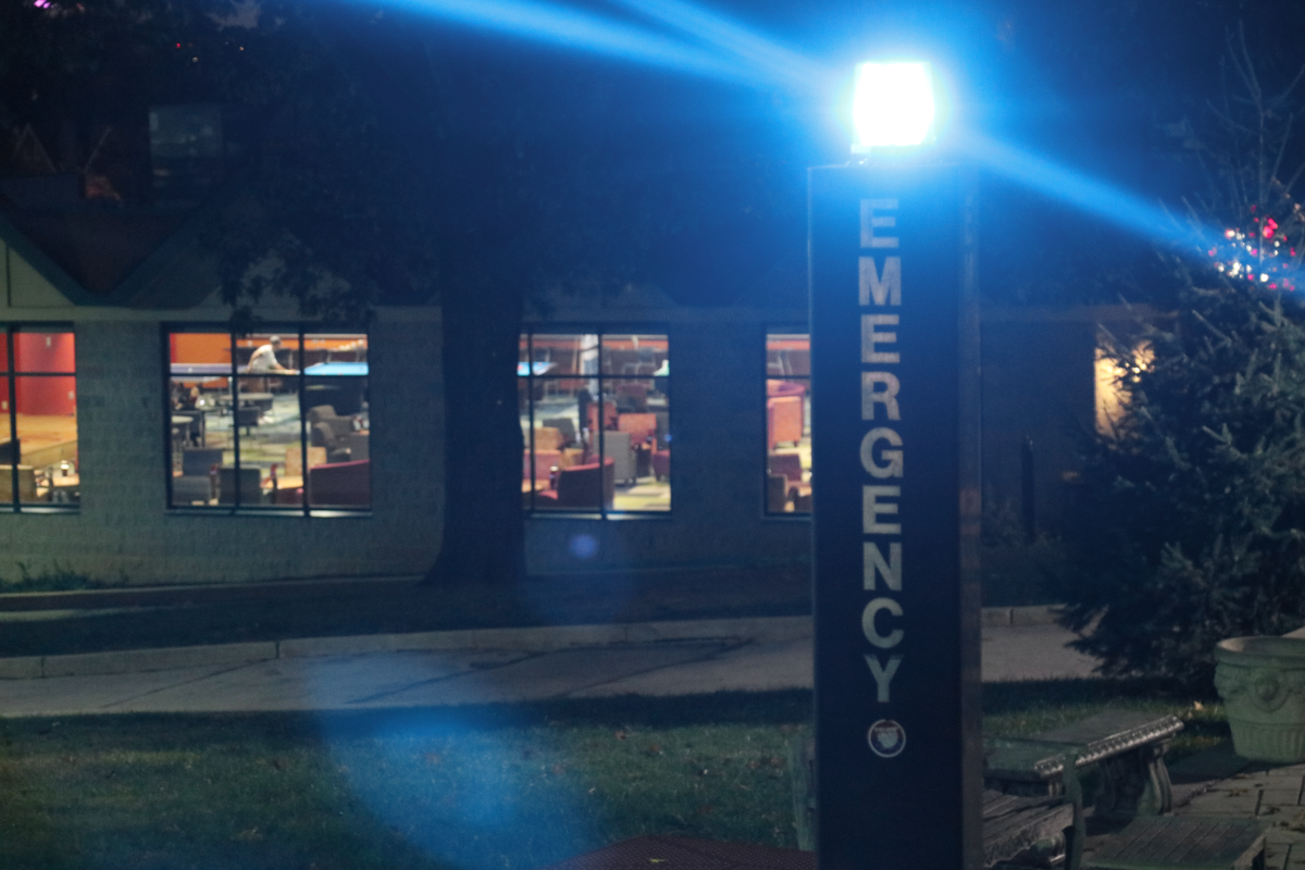 Blue light emergency phone located outside of the Campion Student Center. (Photo by Joey Toczylowski, ‘19)