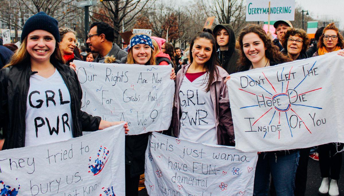 Madison Cassel 20, Anna Lendacky 20, Jessica Sgroi 20, and Grace Schillinger 20 take part in the Womens March on Philadelphia (Photo by Sam Henry 19)