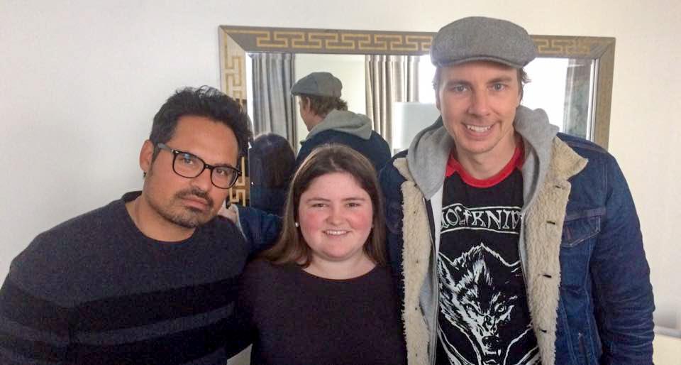 Michael Peña, Rose Weldon, and Dax Shepard at a press event for “CHiPs” (Photo Courtesy of Rose Weldon ’19).