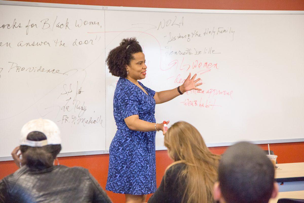 Tia Pratt teaches class about African-American Catholicism (Photo by Luke Malanga 20).