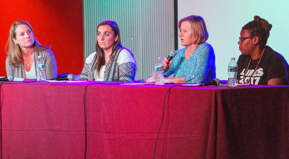 From left to right: Raquel Bergen Ph.D., Gabby Southworth ’18, Mary-Elaine Perry, Ph.D., and Yaa McNeil ’17 speak about sexual assault at a panel event. The discussion was hosted at a time of increased national conversation of sexual misconduct. (Photo by Luke Malanga ’20).