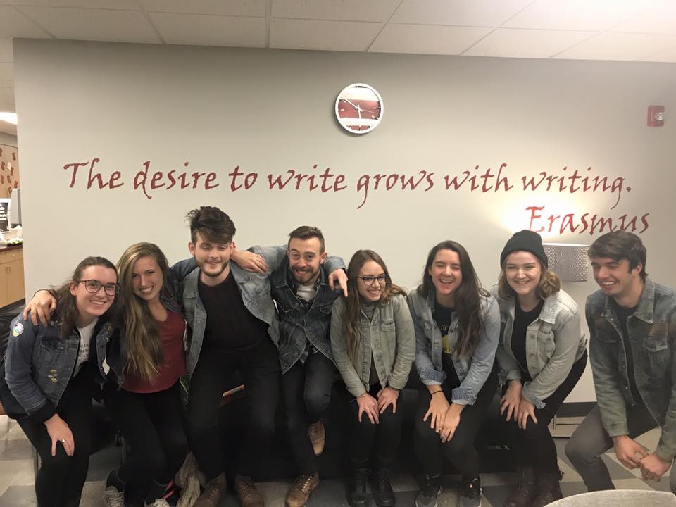 Julia Furey-Bastian (second from left) and SJU Writing Center student staff (Photo courtesy of the Writing Center).