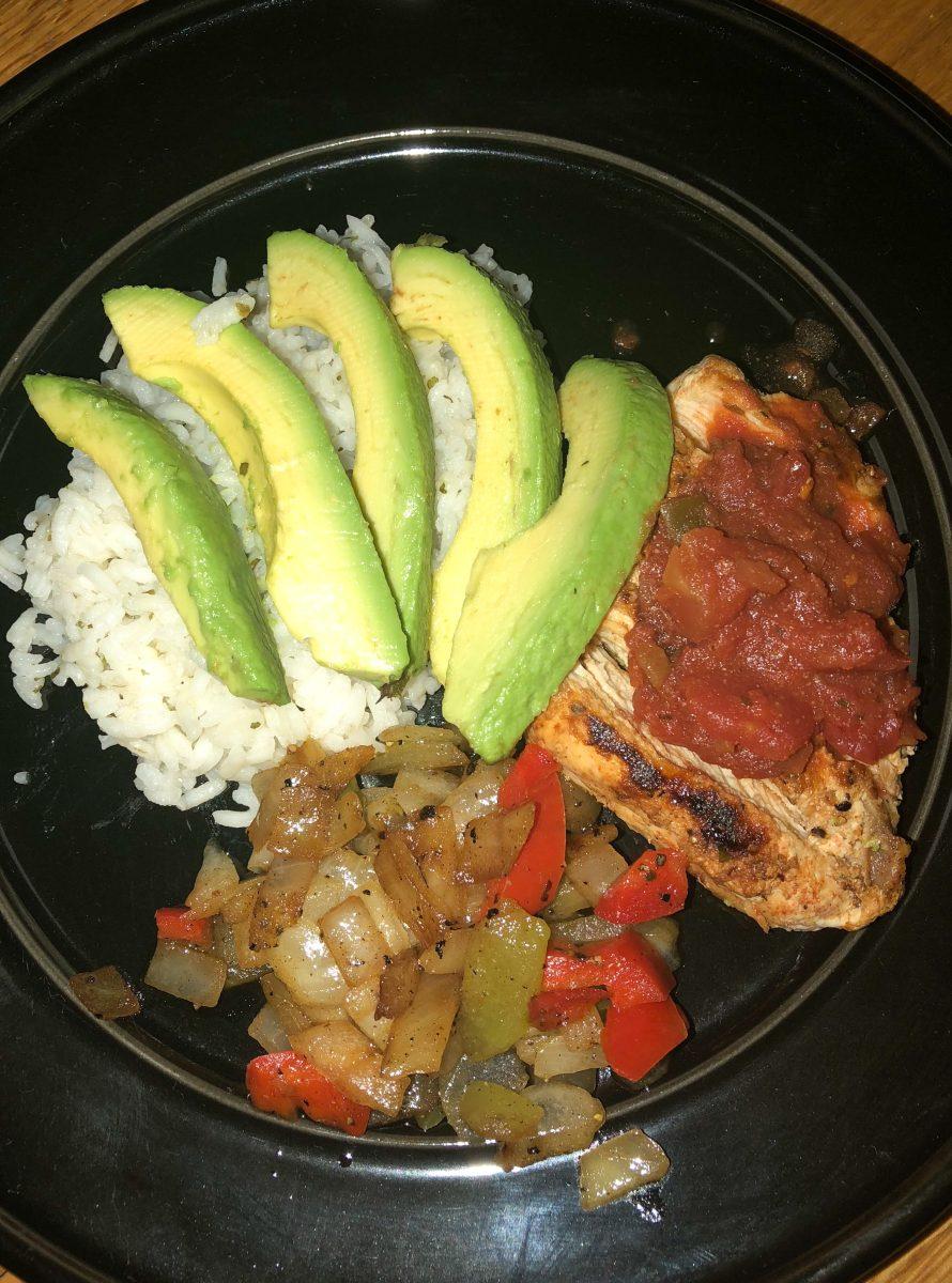 A healthy meal option of chicken, avocado, rice and fresh salsa (Photo by Alyssa Thompson 19). 