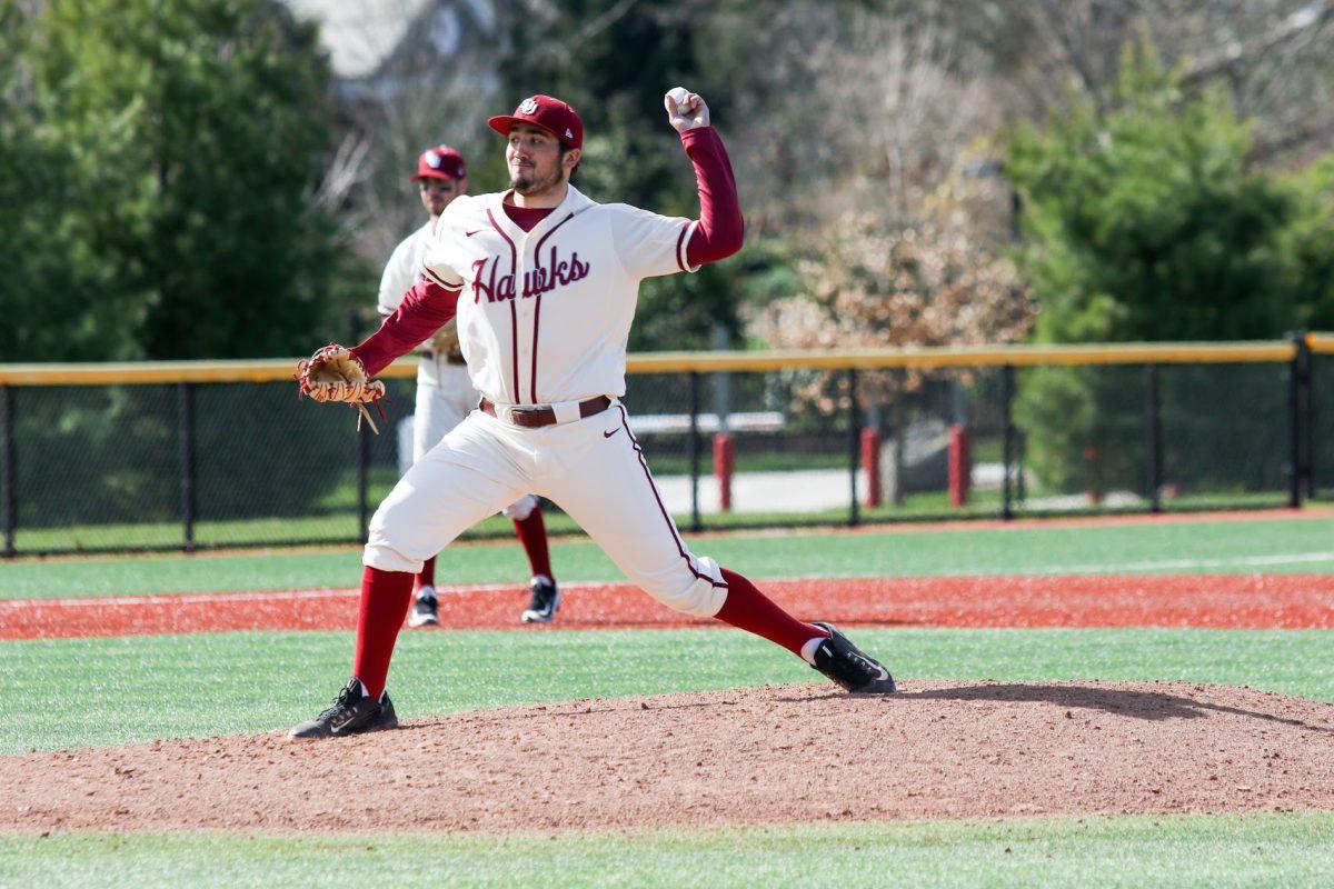 Junior Lucas Rollins pitches in a game last season (Photo by Luke Malanga ’20).