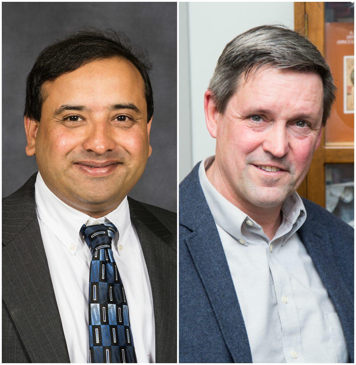 (Left) Rajneesh Sharma, Ph.D., associate professor of finance (Photo courtesy of Rajneesh Sharma).
(Right) Peter Norberg, Ph.D., professor of English (Photo by Luke Malanga ’20).