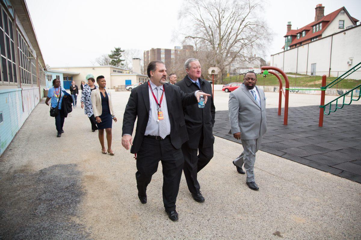 Phillip DeLuca, left, and Rennie Parker, right, lead Mayor Kenney, middle, on a tour (Photos by Luke Malanga ’20). 