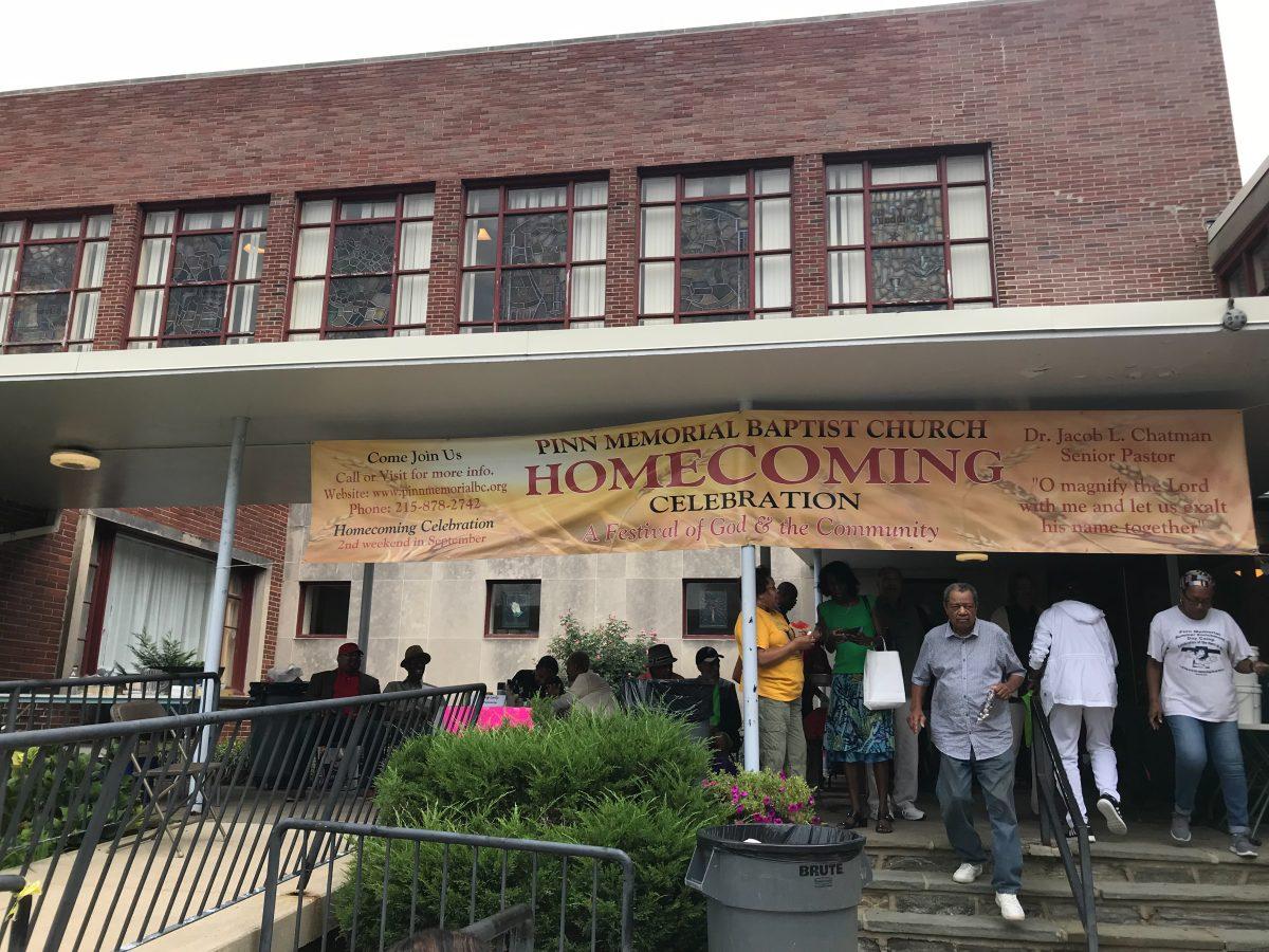 Signage for the homecoming event hangs in the front of the Pinn Memorial Baptist Church (Photo by Natalie Drum '20).
