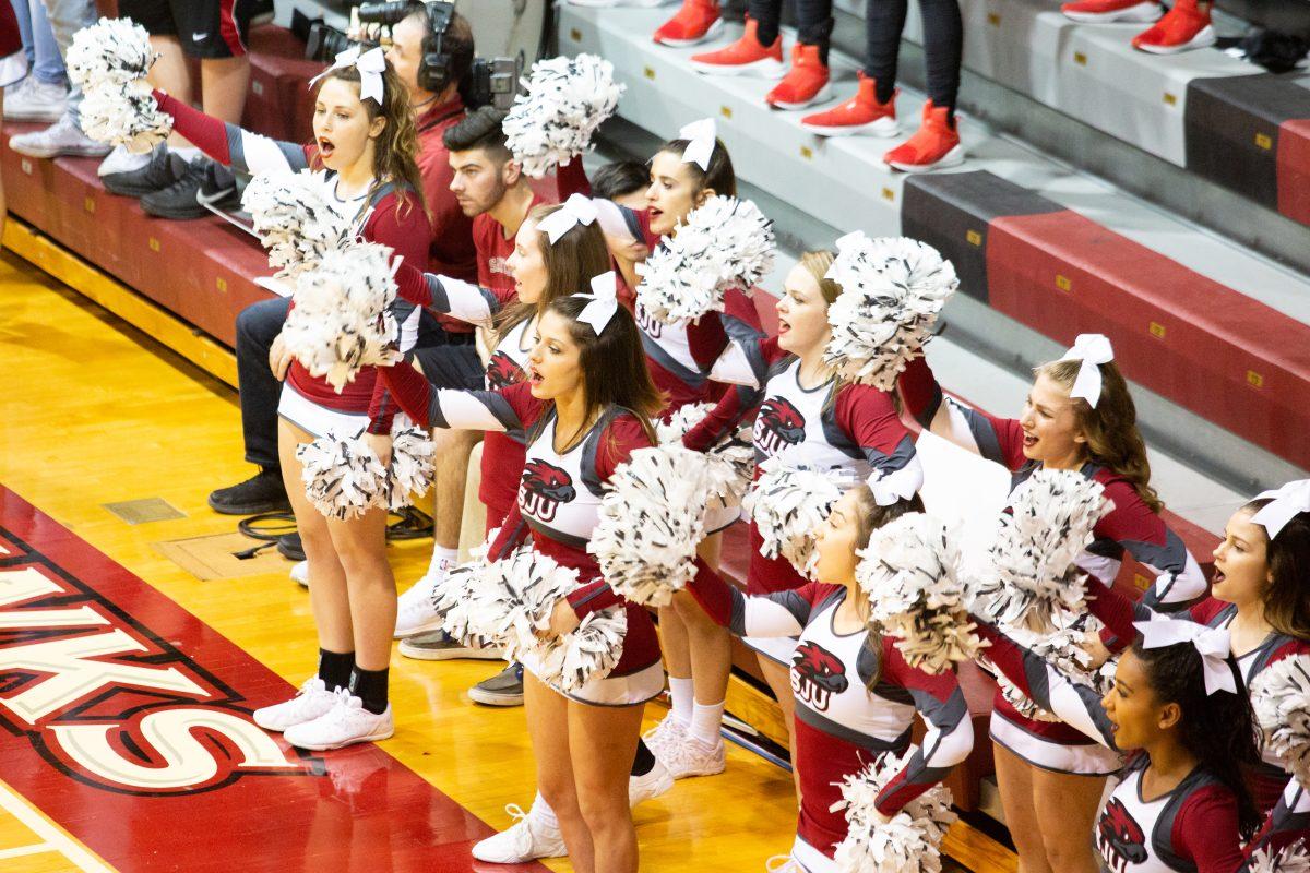 St. Joes cheerleading squad supports the mens basketball team in Hagan Arena (Photo by Luke Malanga ’20).