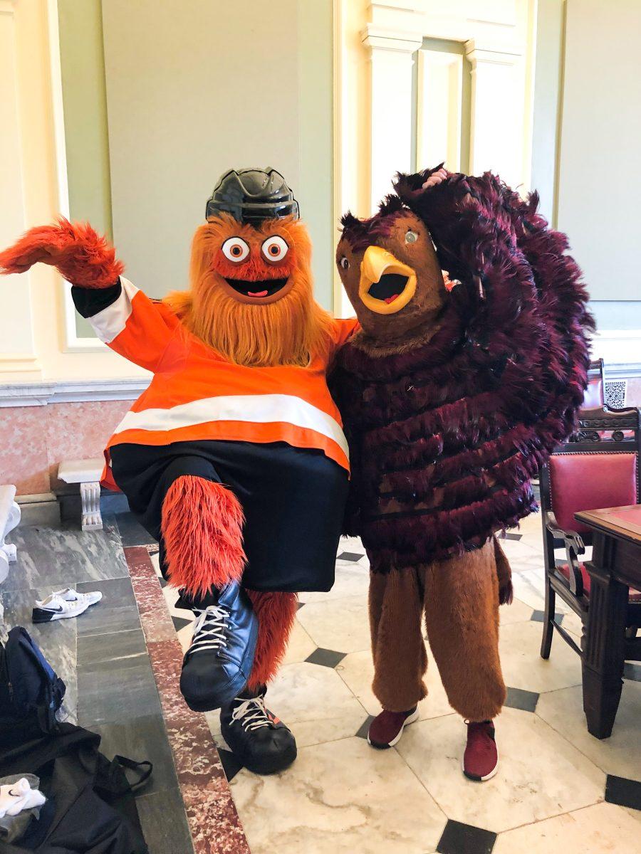 The+Philadelphia+Flyers+Mascot+%28Gritty%29+pictured+with+the+Hawk+%28Photo+courtesy+of+SJU+Athletics%29.