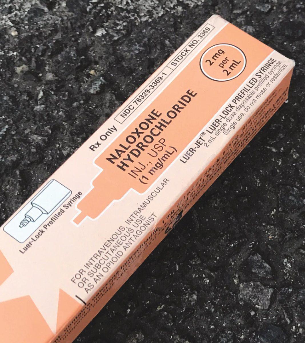 A box of Narcan (Photo by Matt Haubenstein ’15, M.A. ’18).
