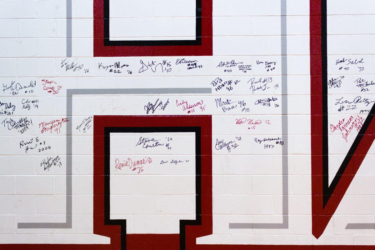 Signatures fill the Hawk Wall in the Casciato Basketball Practice Facility. PHOTO: MITCHELL SHIELDS ’22 / THE HAWK