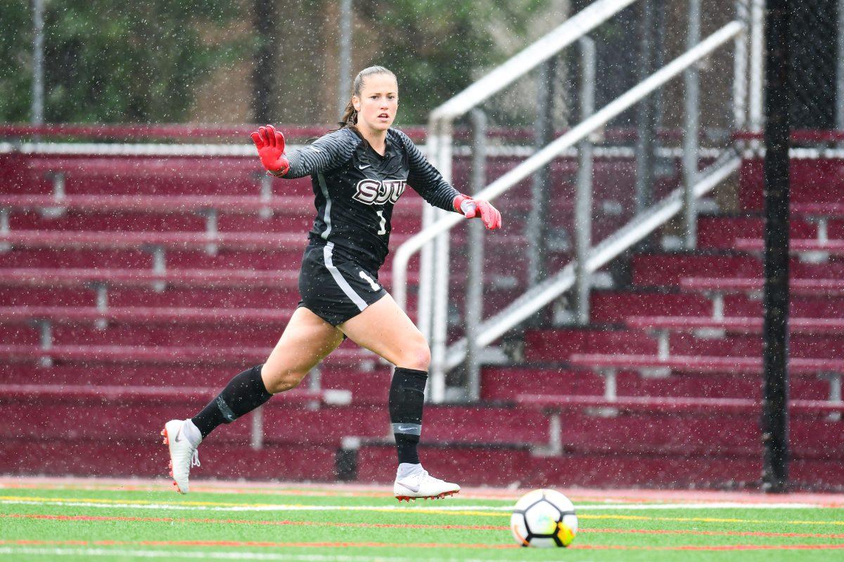 Senior Grace Bendon prepares to kick the ball out of the box in a game earlier in this season against Bucknell University. PHOTO: SJU ATHLETICS