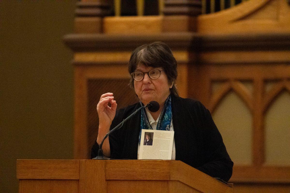 Sr. Helen Prejean, CSJ, speaks in the Chapel of Saint Joseph. PHOTO: MITCHELL SHIELDS '22 / THE HAWK 
