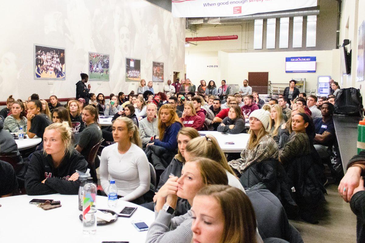 Athletes fill the concessions concourse in Hagan for a discussion about race. PHOTO: MITCHELL SHIELDS '22