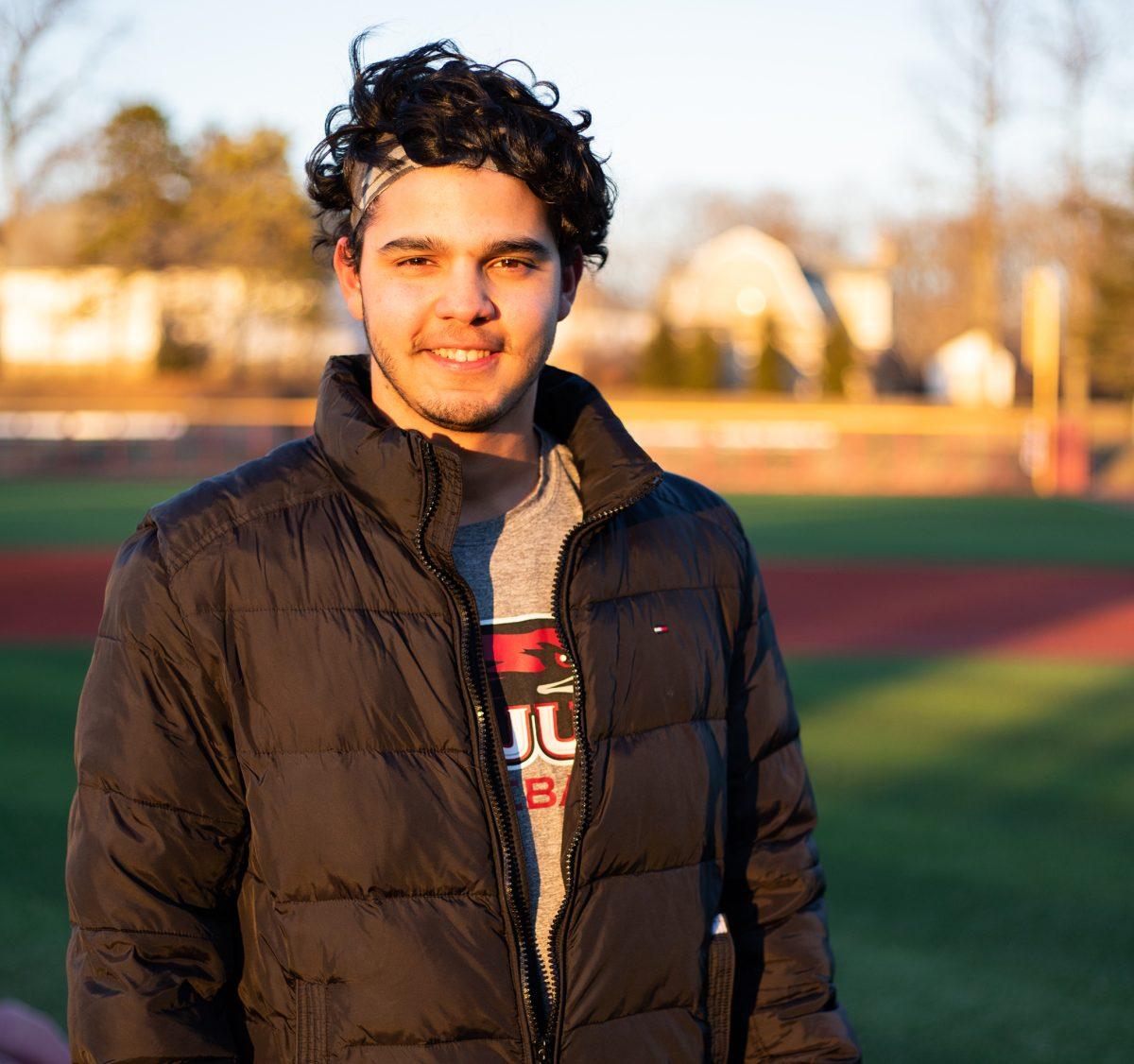 Jose Martinez ’21, a Venezuelan student and St. Joe’s baseball player, on Smithson Field, the Hawks’ home field. PHOTOS: MITCHELL SHIELDS ’22/THE HAWK