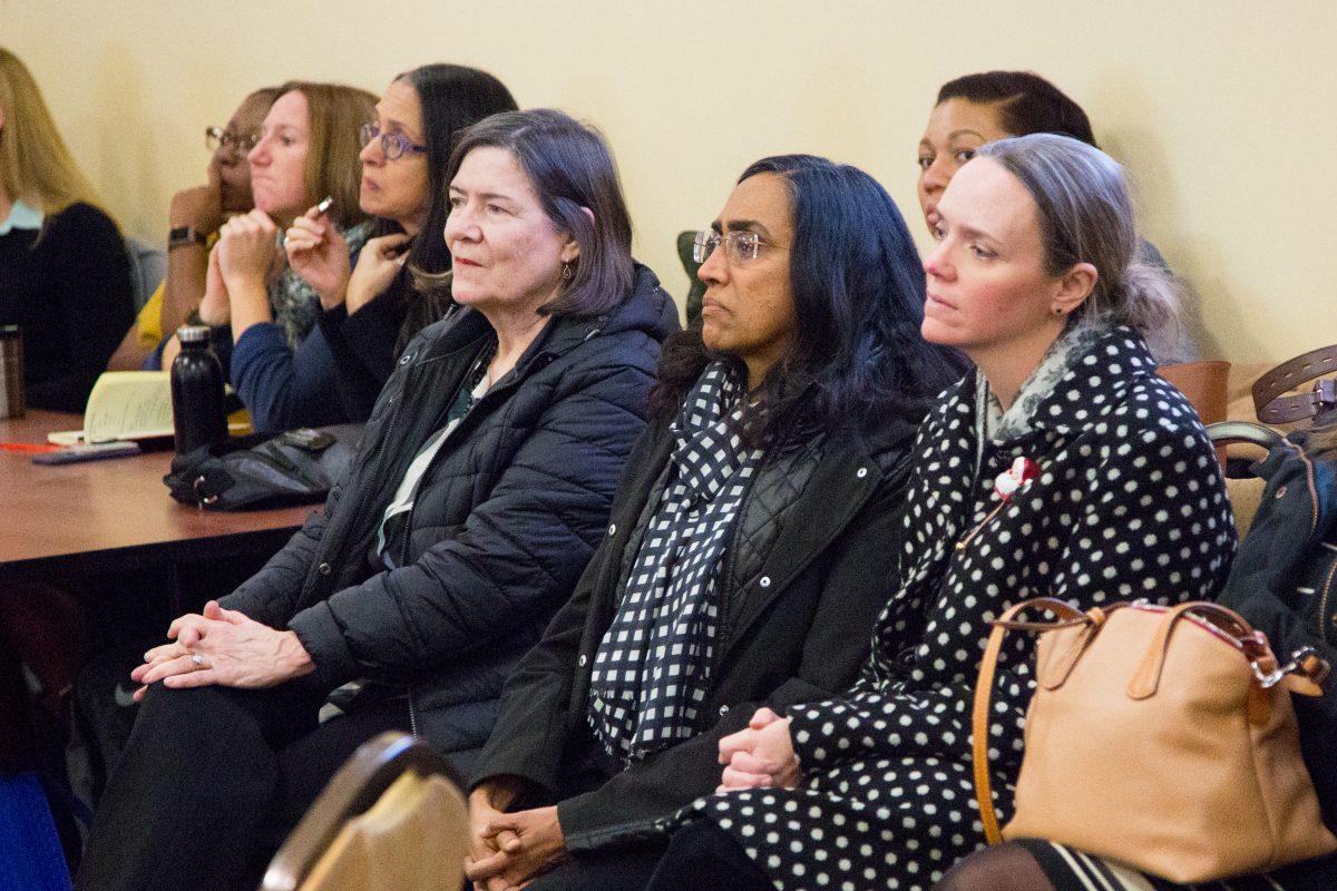 left to right: Jeanne Brady, Ph.D., Provost and Vice President of Academic Affairs, Shaily Menon, Ph.D., member of the task force and Dean of the  College of Arts and Sciences, and Marie Williams, Chief Marketing and Communications Officer at a December 10th, 2018 meeting. PHOTO: LUKE MALANGA 20/THE HAWK