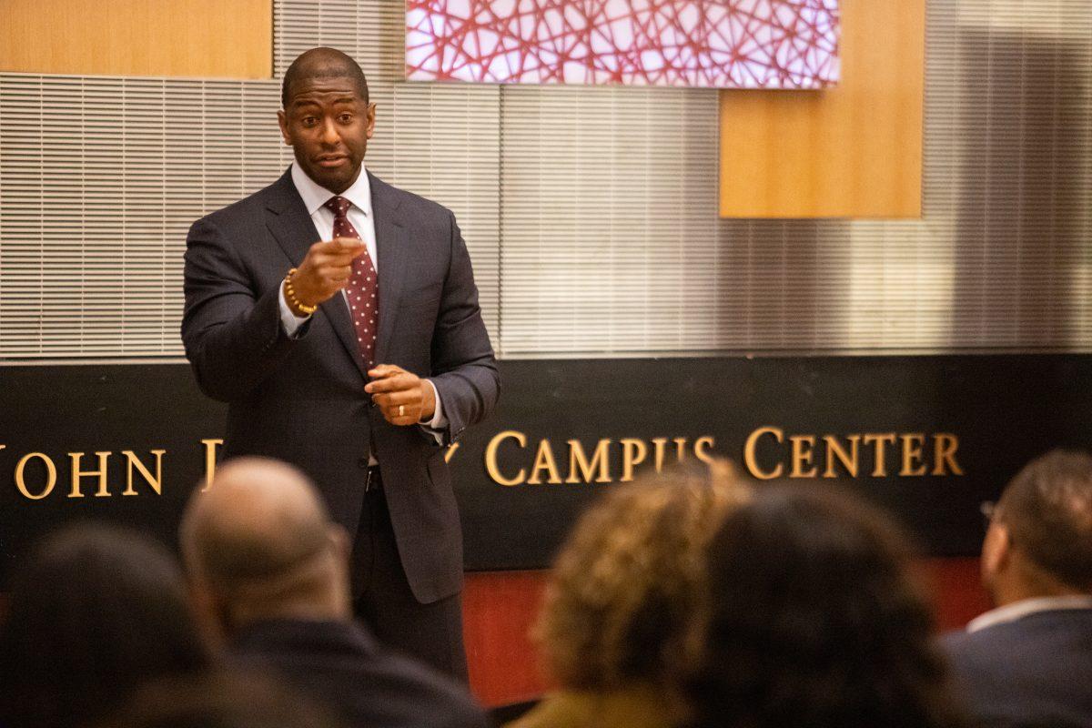 Gillum answers an audience members question during his lecture. PHOTOS: MITCHELL SHIELDS 22/THE HAWK