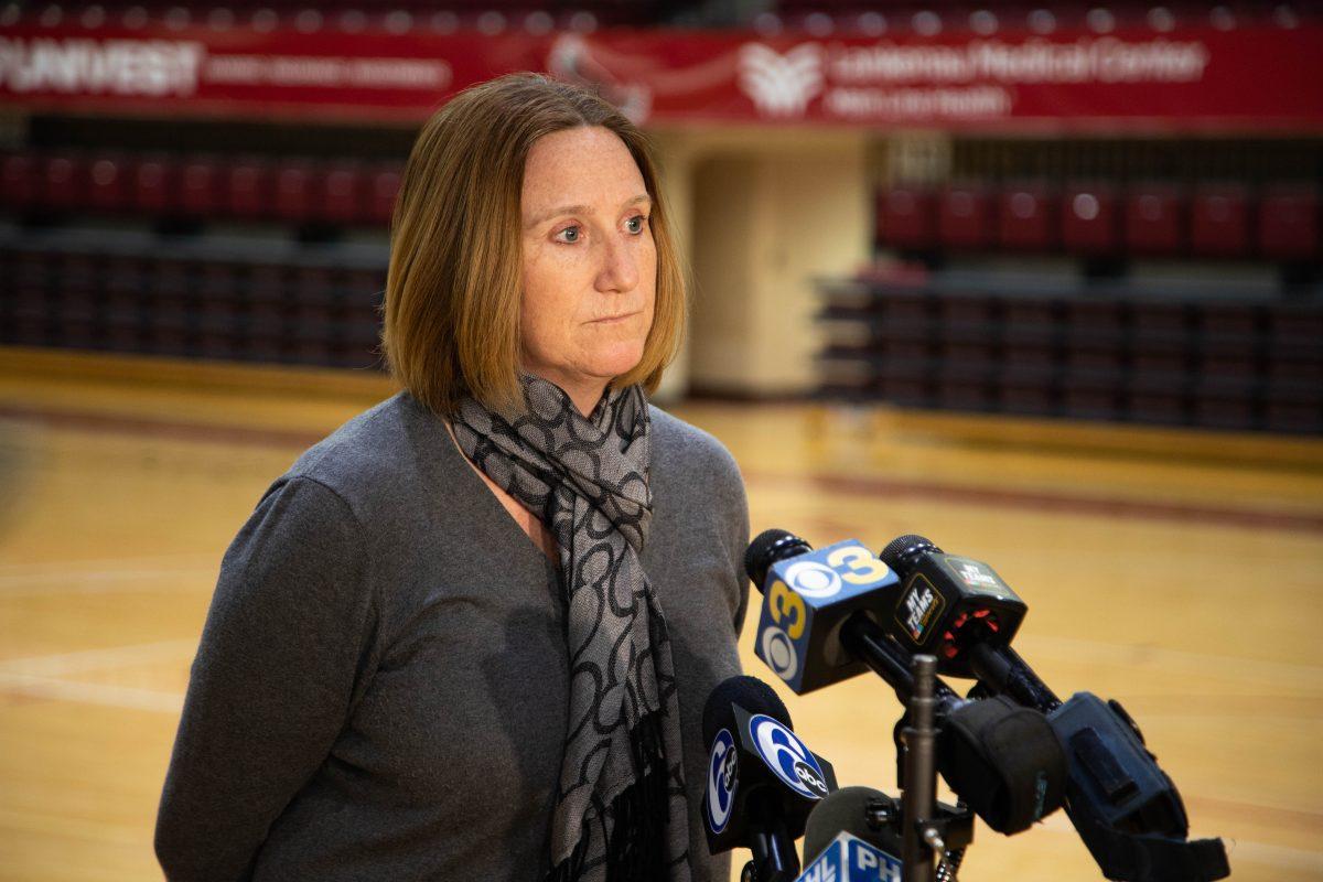 Director of Athletics Jill Bodensteiner at the March 19 press conference regarding Phil Martelli's firing. PHOTO: MITCHELL SHIELDS '22/THE HAWK