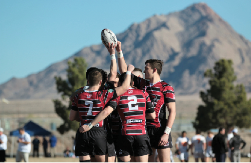 Mens rugby teammates come together before match in Las Vegas. PHOTO COURTESY OF ST. JOES MENS RUGBY 