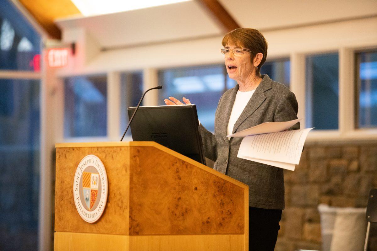 Sister Mary Scullion speaks about women in the Church. PHOTO: MITCHEL SHIELDS ’22 /THE HAWK  