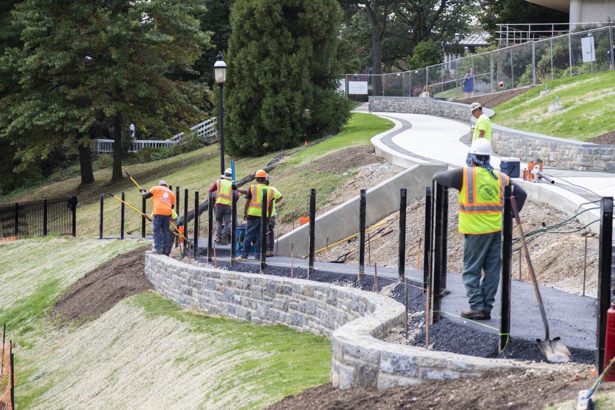 Stone from Jordan Hall was used to create the pathway wall. PHOTOS: Mitchell Shields '22