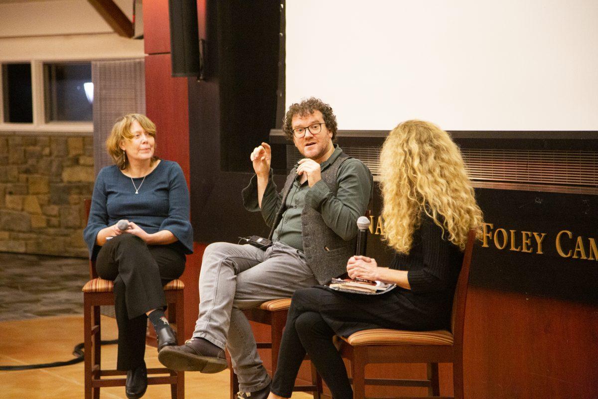 From left to right: Ann Green, Ph.D., professor of English, Pádraig Ó Tuama and Marie Howe. PHOTO: The Hawk