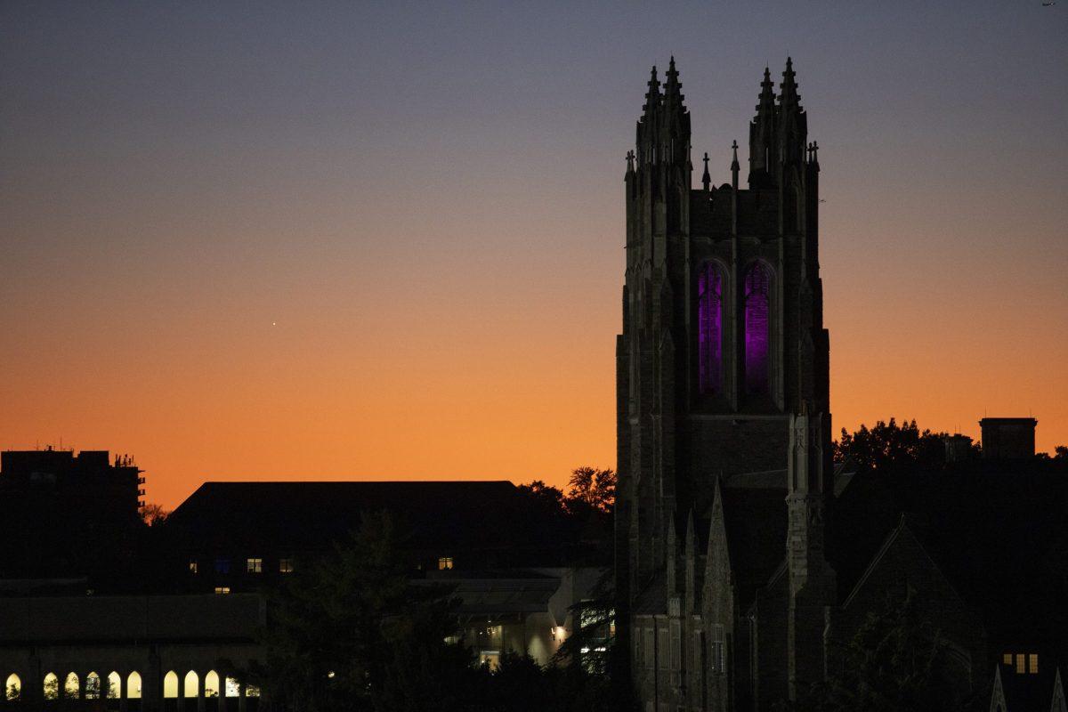With a new lighting system the bell tower can display more colors. PHOTO: MITCHELL SHIELDS ’22/THE HAWK