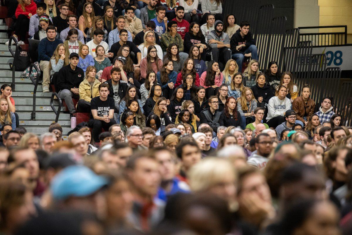 Approximately 1,800 St. Joe’s community members gathered in Michael J. Hagan ’85 Arena for a campus-wide forum on racism. PHOTO: MITCHELL SHIELDS ’22/THE HAWK