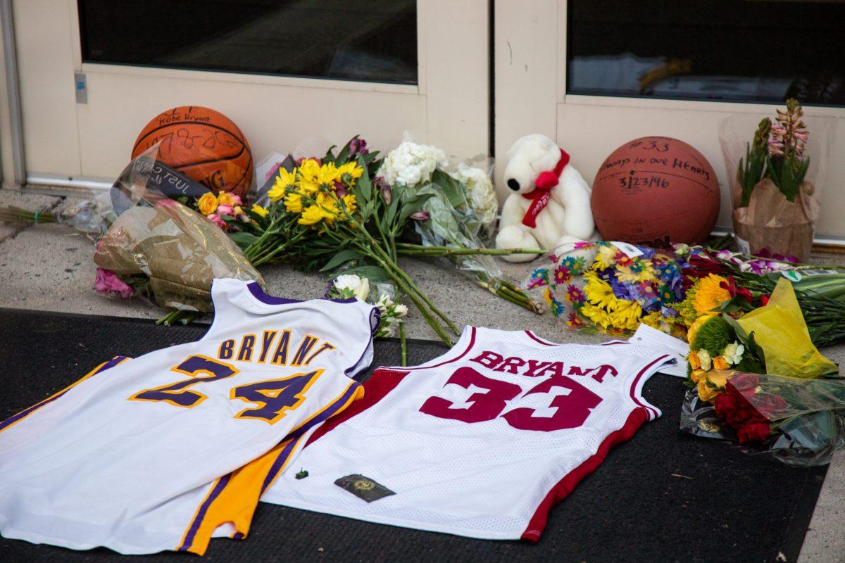 Visitors placed jerseys, flowers, basketballs and other items outside Bryant Gymnasium at Lower Merion High School to memorialize Bryant. PHOTO: LUKE MALANGA '20/THE HAWK