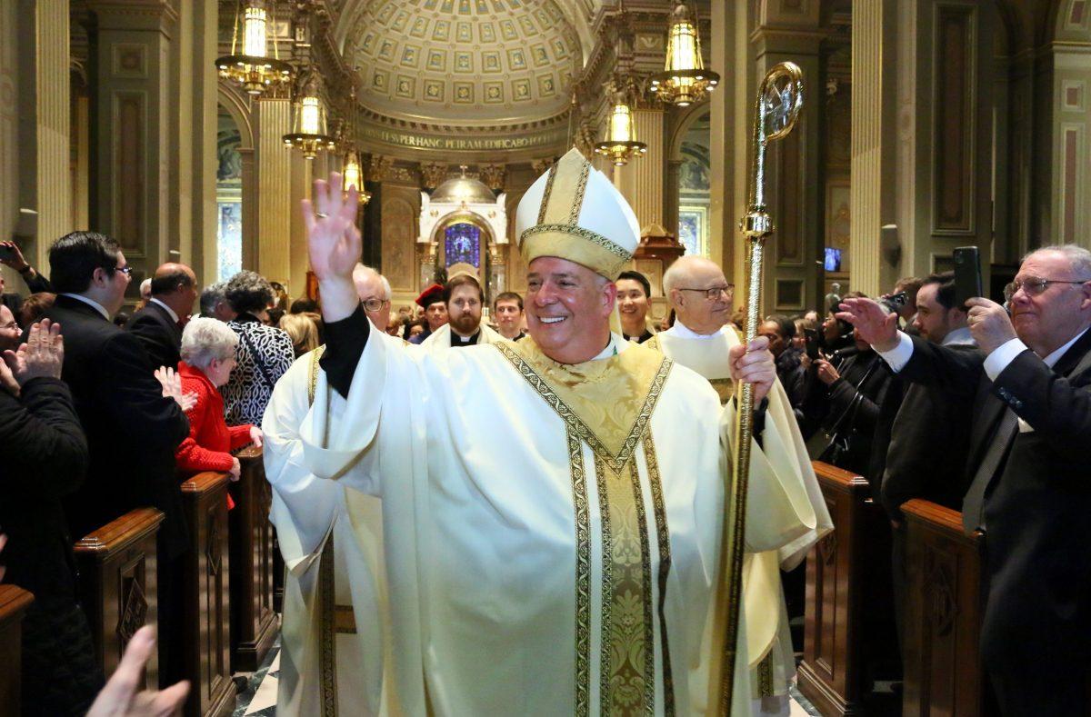 Newly installed as the 10th bishop of Philadelphia, Archbishop Nelson Perez recesses out of the Cathedral Basilica of SS. Peter & Paul.