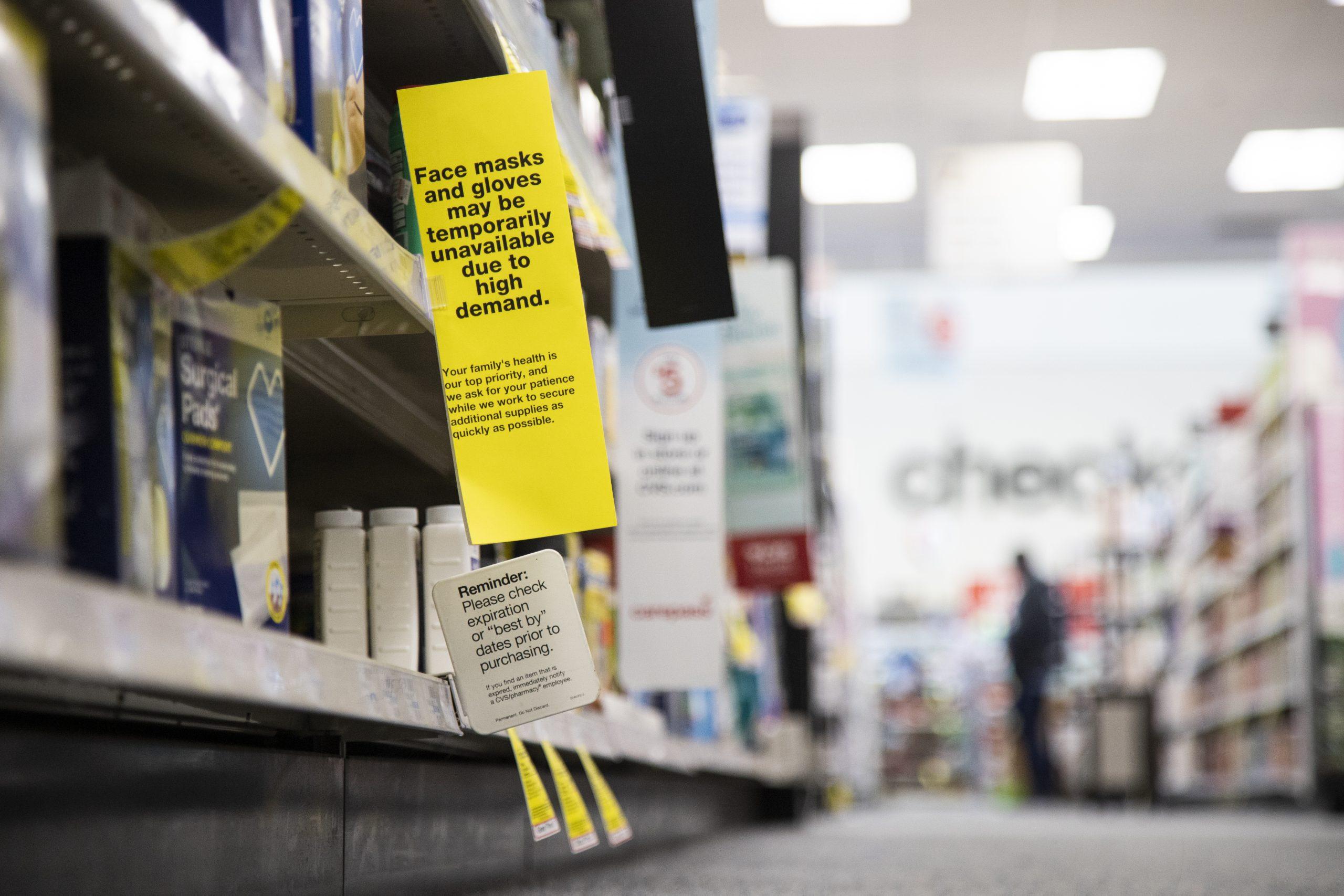 A sign explains the shortage of face masks in CVS on City Ave. PHOTO: MITCHELL SHIELDS ’22/THE HAWK