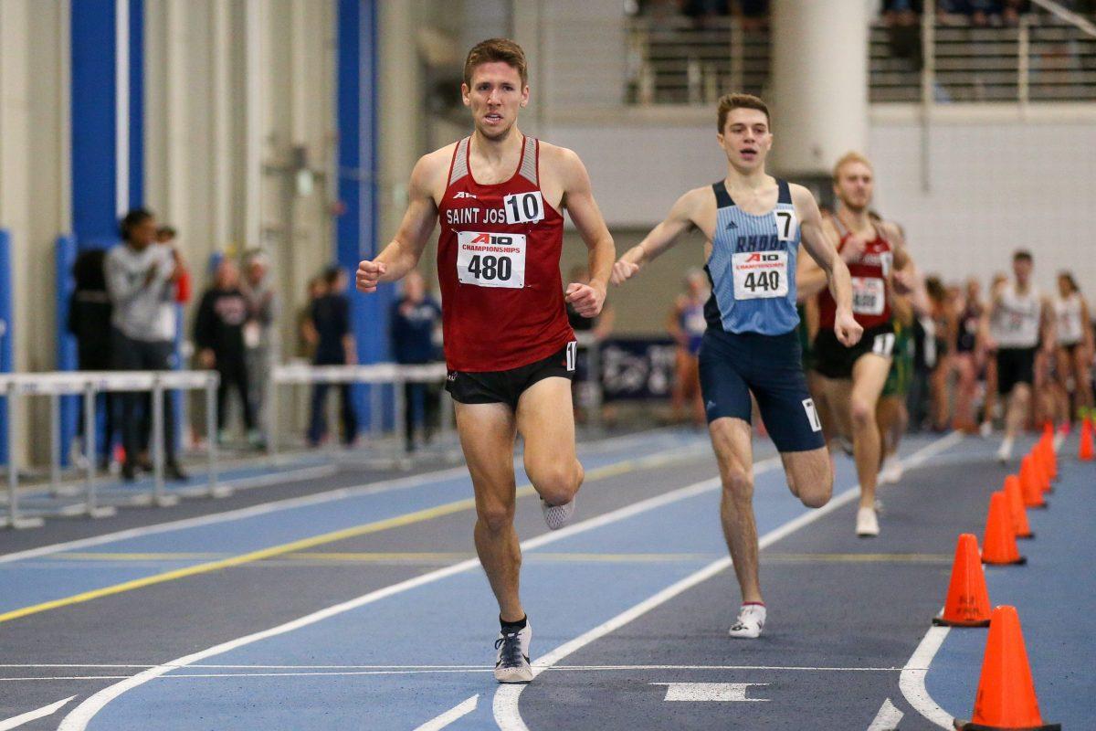 Senior Zach Michon finishes first at the 2020 Atlantic 10 Indoor Track and Field Championships. PHOTO: STEW MILNE/ATLANTIC 10