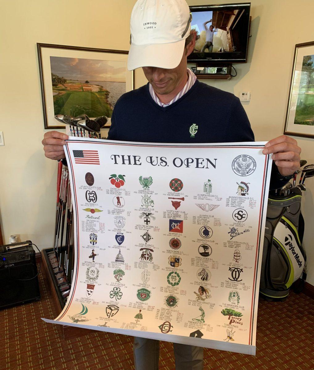 Kyle Higgins, the Head Golf Pro at Inwood Country Club, holds a model of one of the posters auctioned off. PHOTO COURTESY OF TOM COYNE