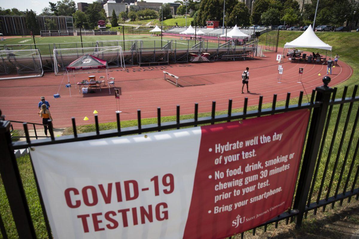 Students, faculty and staff check in for COVID-19 testing on Sweeney Field on Aug. 24 2020. PHOTO: MITCHELL SHIELDS 22/THE HAWK
