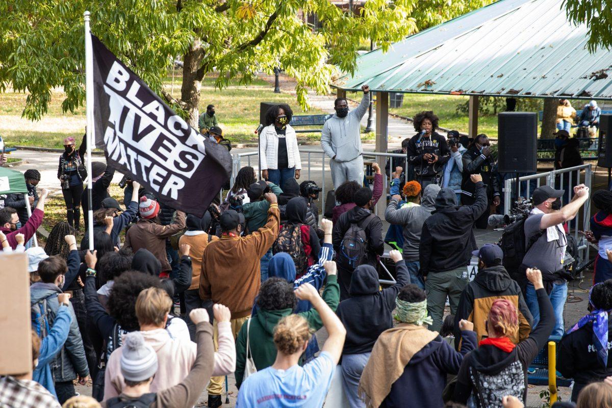 Protesters gather in Malcolm X Park in West Philadelphia for a demonstration and march against police violence and the killing of Walter Wallace Jr. PHOTO: MITCHELL SHIELDS ’22/THE HAWK