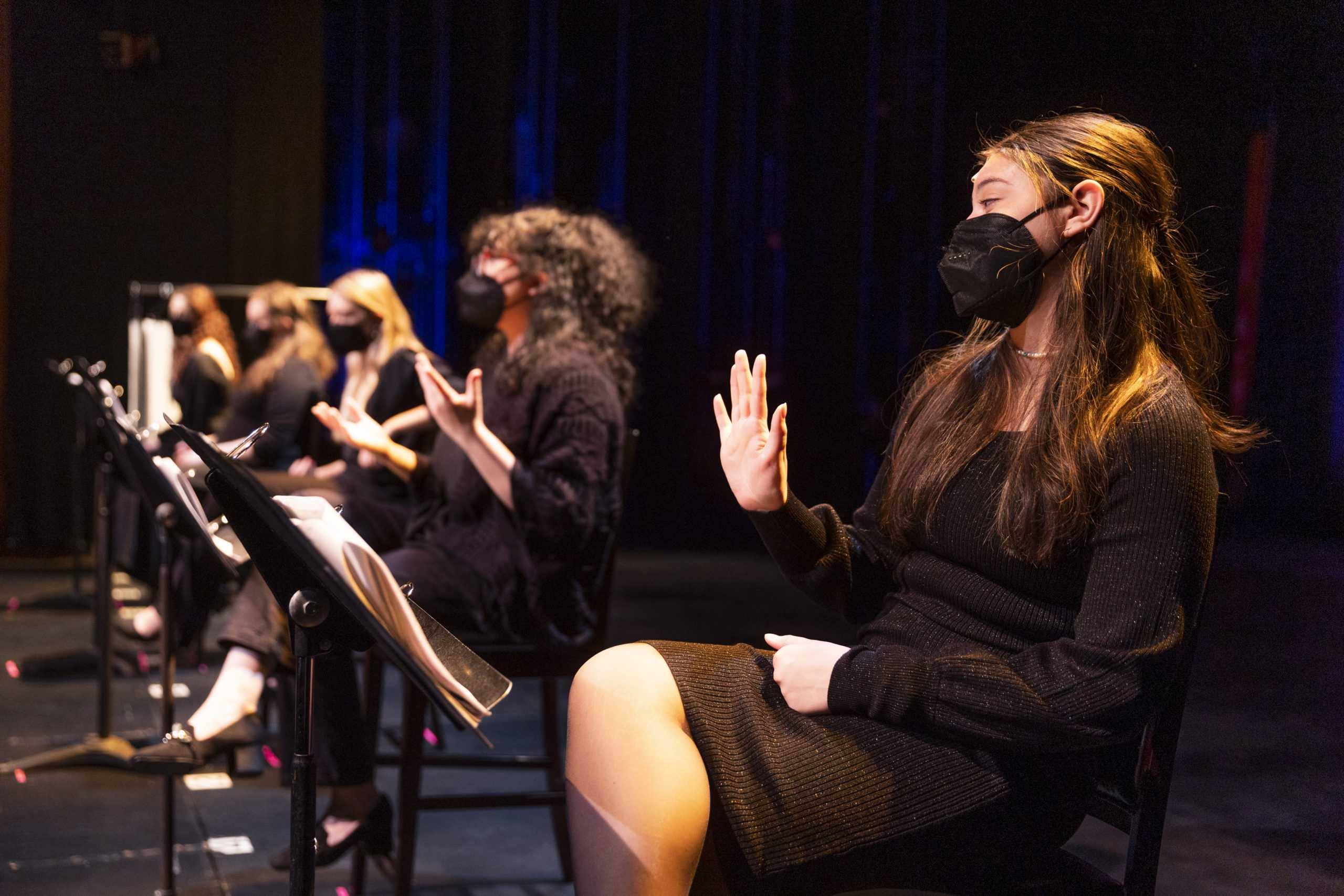 Nikole Platenecky ’25 performs one of her scenes. For the performances, actors will not be required to wear masks. PHOTO: MITCHELL SHIELDS 22/THE HAWK