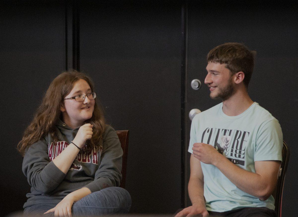 Abby Counihan ’25 and Dan Barry ’23 playing an improv game called “Whacky Newscasters.”
PHOTO: KELLY SHANNON ’24/THE HAWK