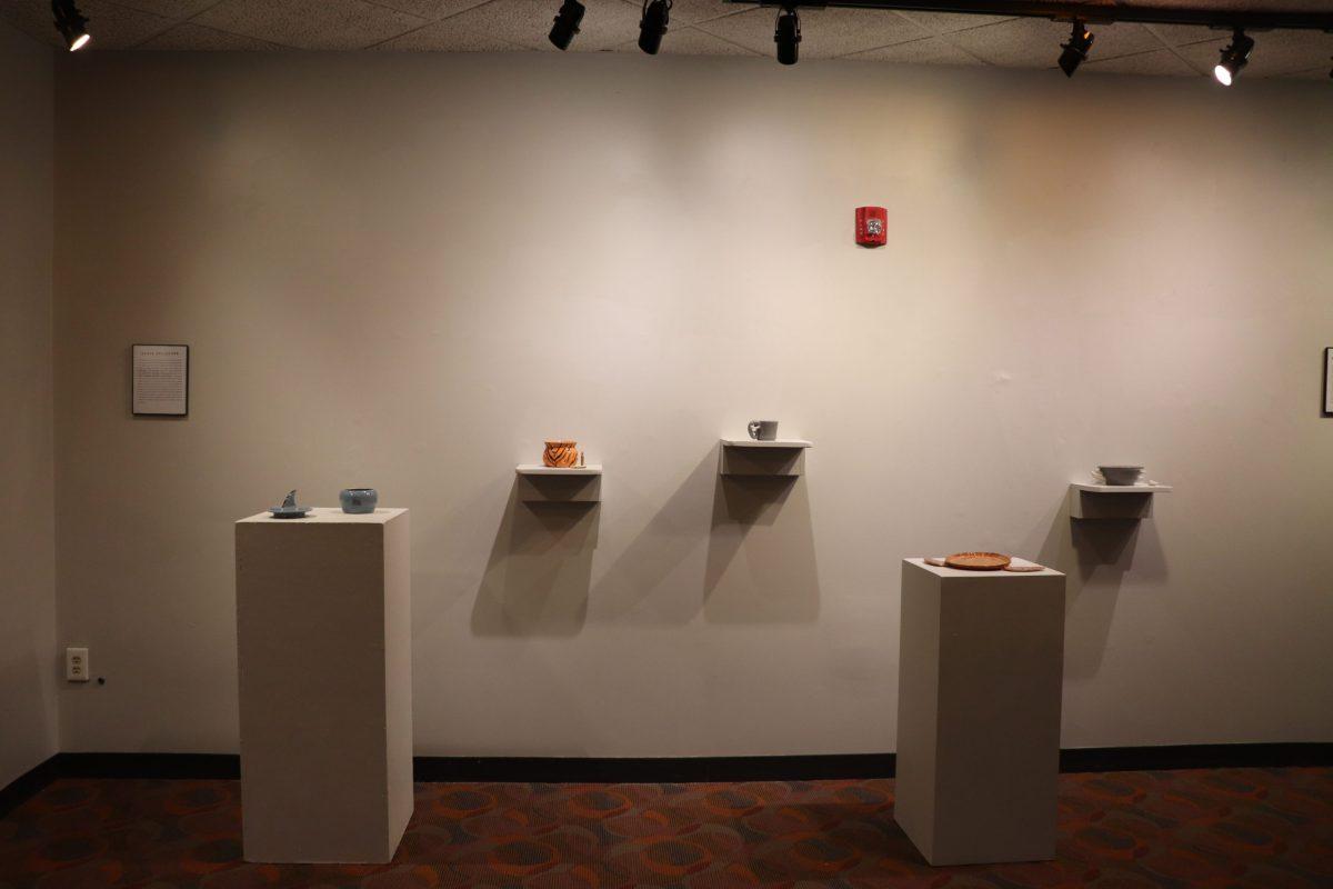 Gallagher’s pottery exhibition is located in Merion Hall. 
PHOTOS: ELISE WELSH ’22/THE HAWK