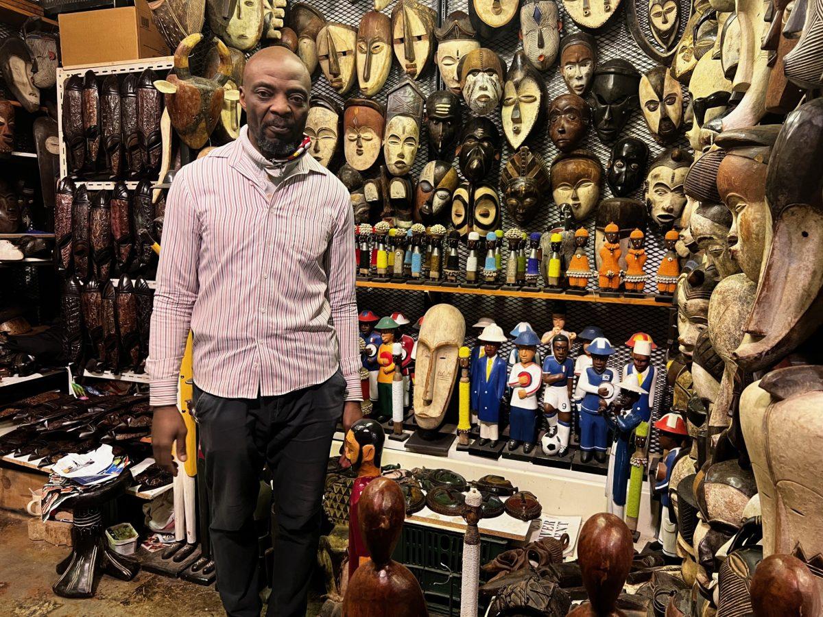 Alain Bolingo, a trader at the Art & Craft Market in Rosebank, said he makes wares with tourists in mind, but tourists have been in short supply during the pandemic. PHOTO: DEVIN YINGLING 22/THE HAWK