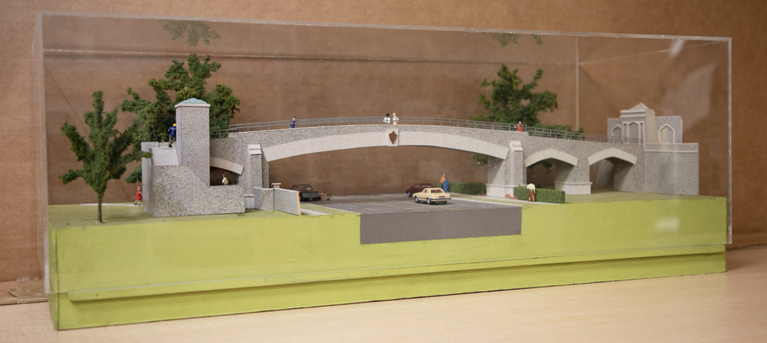 The model of the current McShain Bridge in the St. Joe’s Archives. PHOTO: KELLY SHANNON ’24/THE HAWK