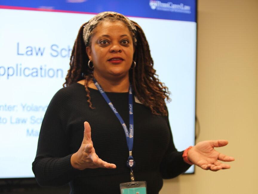 Yolanda Ingram, director of Access to Law School Education Programs at Penn Carey Law School, speaks at a
Law Exploration Advancing Diversity (LEAD) event March 3 in the Center for Inclusion and
Diversity (CID) lounge. PHOTO: MADELINE WILLIAMS ’26/THE HAWK